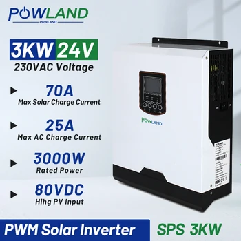 POWLAND 3KW napelemes inverter 24V 230VAC 50 / 60Hz hibrid inverter 3000W tiszta szinuszhullámú PWM akkumulátortöltő Inversor inverzor napelem